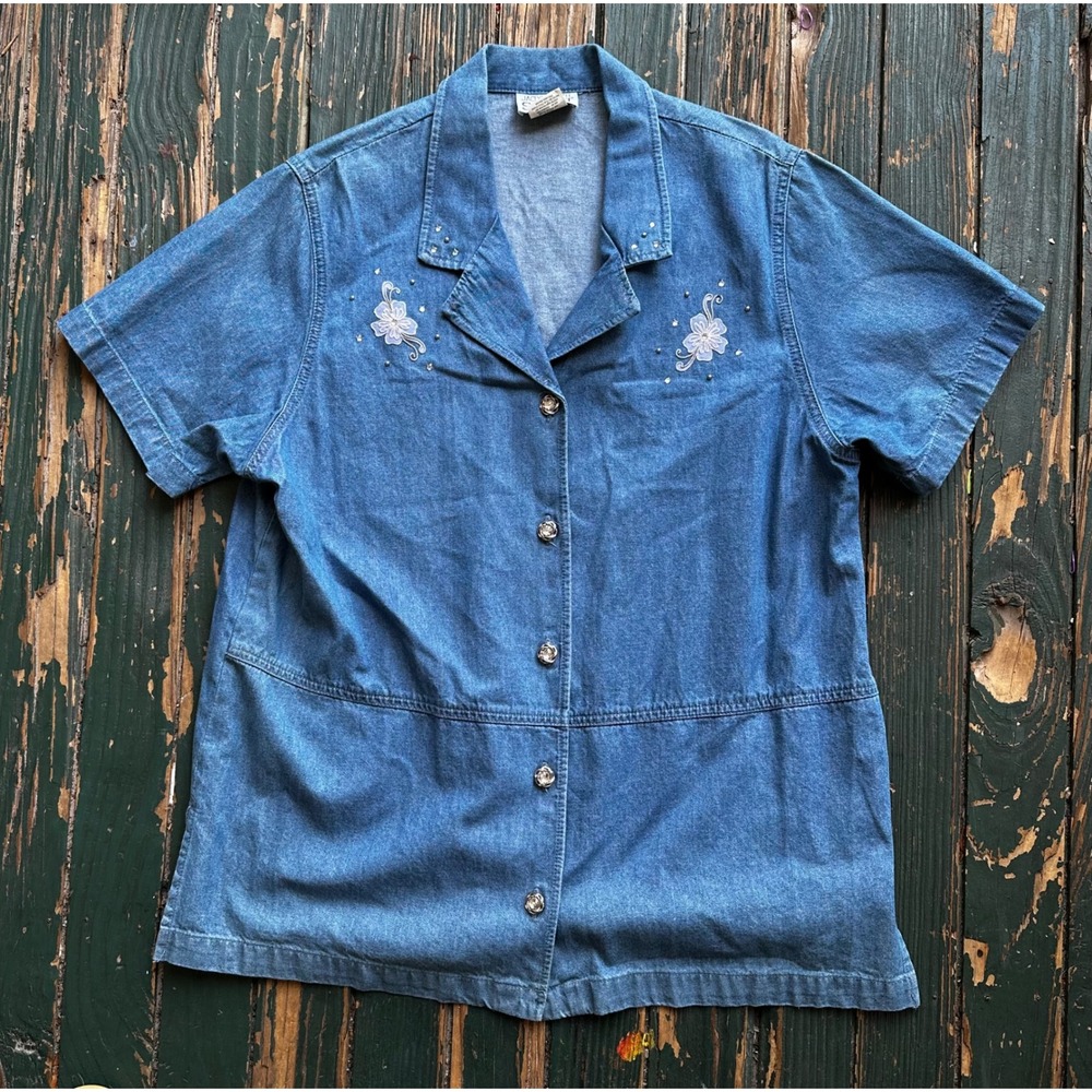Jaclyn Smith Sport Denim set  Womens Large Blue Floral Embroidered‎ Rhinestone